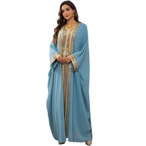 Light blue Muslim kaftan set with gold embroidery and sequins including waist belt