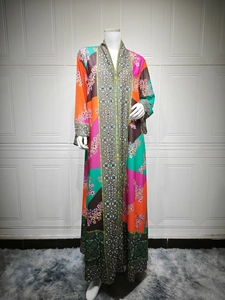 Detail of colorful V-neck printed long dress featuring vibrant patchwork and geometric patterns
