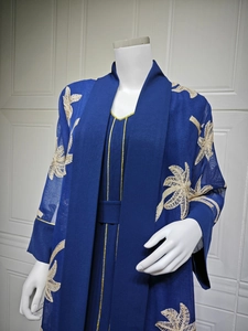 Detail of navy blue abaya with gold embroidery and textured sheer fabric sleeves