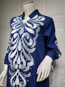 Detailed silver embroidery on navy blue ethnic maxi dress with v-neck and stand collar