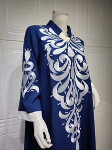 Detailed white vine embroidery on navy blue ethnic maxi dress with v-neck collar