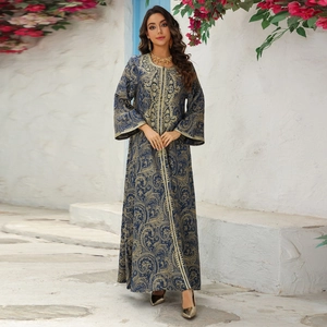 Elegant navy blue evening Kaftan dress with gold floral embroidery and long sleeves