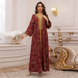 Elegant dark red long kaftan dress with golden leaf jacquard and sequin trim decoration