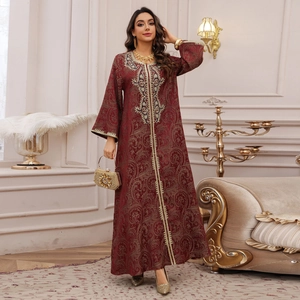 Elegant deep red Kaftan dress with gold paisley jacquard and heavy floral embroidery