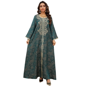 Dark green Kaftan evening dress with gold embroidery and paisley jacquard pattern