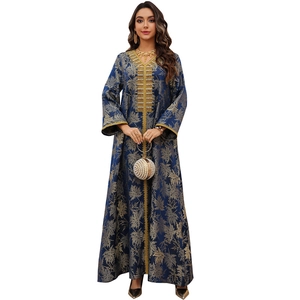 Elegant navy kaftan maxi dress featuring gold maple leaf prints and embroidery details