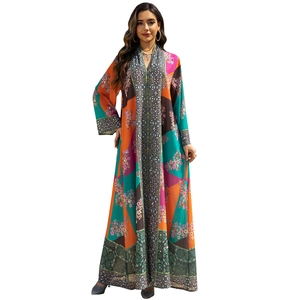 Ethnic color-block maxi dress with floral prints and V-neckline in a modest abaya style