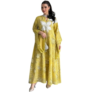 Elegant yellow embroidered kaftan dress with white floral print and butterfly sequins