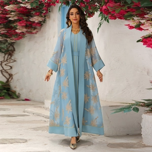 Elegant light blue abaya set with golden palm leaf embroidery and sheer chiffon cardigan