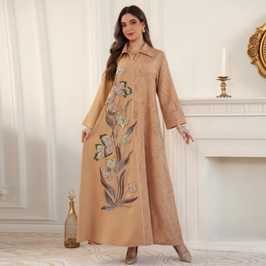 Camel sequin floral embroidery long kaftan dress with lapel collar and plant patterns