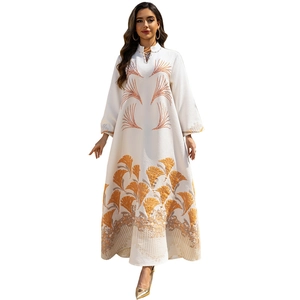 Elegant white Abaya dress for women featuring gold fan patterns and pearl button collar