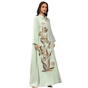 Elegant light green long sleeve maxi dress with floral sequin embroidery in ethnic style