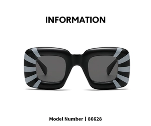 Detail shot of oversized square sunglasses with gray sunburst pattern and thick black frame