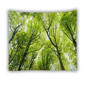 Detail of vibrant green forest canopy print on durable polyester wall hanging tapestry