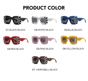 Detailed display of square frame sunglasses with radial stripes in seven distinct colors