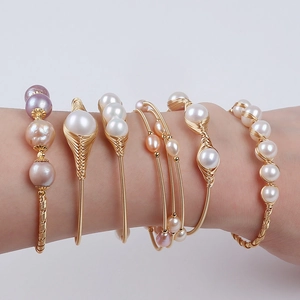 Handmade 14K gold filled adjustable bangles set with colorful natural freshwater pearls