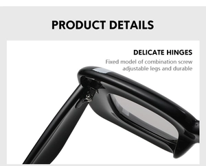 Detail view of durable metal hinges and reinforced screws on black square sunglasses