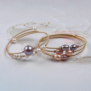 Handmade Natural Freshwater Pearl Bracelet For Women Vintage Gold Plated Copper Wire Wrapped Open Bangle Wedding Jewelry