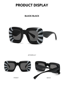 Detailed views of square frame sunglasses with white radial stripe pattern on black frames