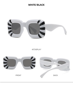 Detail view of retro square striped sunglasses in black and white from multiple angles