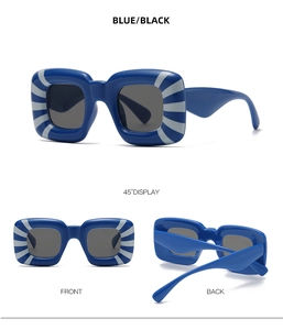 Detailed multi-angle views of blue square frame sunglasses with retro white radial stripes