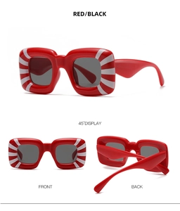 Three-view display of thick square red sunglasses with white stripes and dark gray lenses