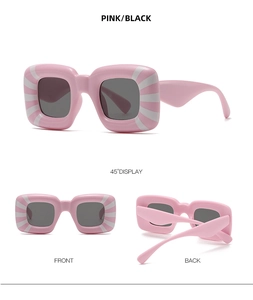 Three views of pink square sunglasses with white radial stripes and dark lenses