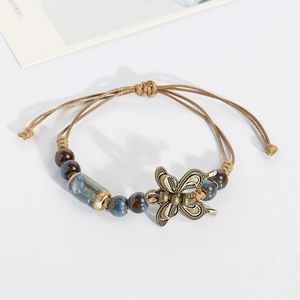 Handmade Ceramic Beaded Bracelet Alloy Vintage Butterfly Pendant Adjustable Braided Rope Ethnic Retro Jewelry For Women
