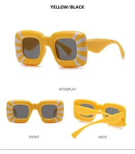 Multi-angle view of square oversized sunglasses with yellow and white striped frames