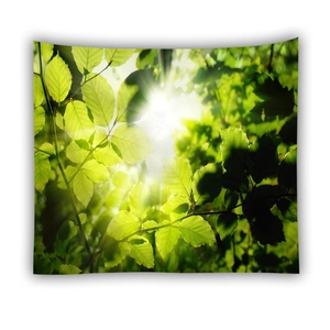 Detailed close-up of forest green leaves tapestry with realistic sunlight effects