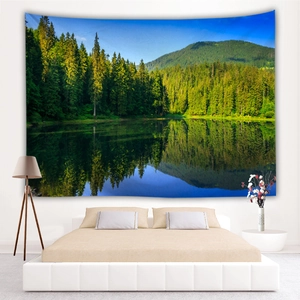 Detail of forest lake wall tapestry showing high-definition nature print for bedroom decor