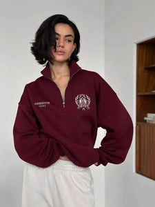 Burgundy oversized half-zip sweatshirt with athletic print and relaxed polo collar