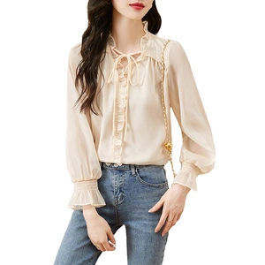 Elegant apricot chiffon blouse with ruffle V-neckline and lantern sleeves for women
