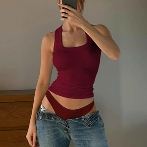 Women's burgundy rib-knit U-neck slim crop tank top for chic summer fashion styling