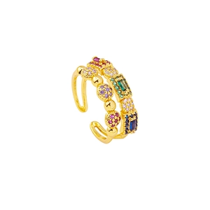 Luxurious double-layered gold open ring with colorful zircon stones in a geometric design