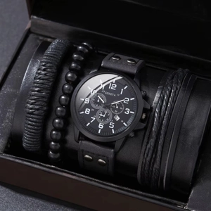 Men's minimalist black quartz watch with calendar and triple bracelet gift set