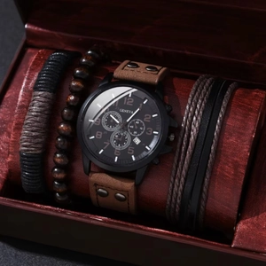 Men's quartz watch and bracelet set with leather strap and beads in a gift box