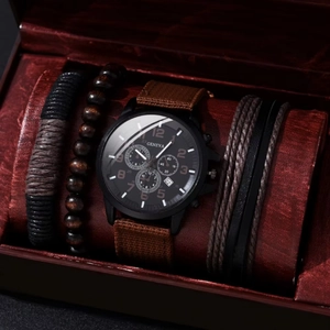 Men's quartz watch with date display, fabric strap and beaded bracelets in a red gift box