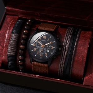 Men's quartz watch and bracelet gift set with brown canvas strap in a premium box