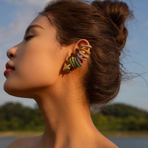18K gold plated stainless steel C-shape ear clips with colorful cubic zirconia stones
