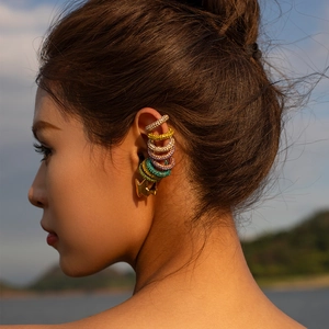 Set of colorful zircon hoop ear cuffs and gold butterfly stud earrings for women
