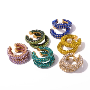18K gold plated stainless steel C-shaped ear cuffs with multi-color cubic zirconia