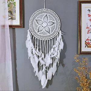 Large bohemian white dream catcher with handmade lace star and natural feathers for home decor