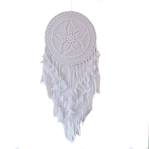 Large bohemian white dream catcher with handmade crochet star and natural white feathers