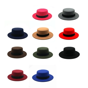 Flat top wool felt boater hats with black ribbon bands in 11 different colors