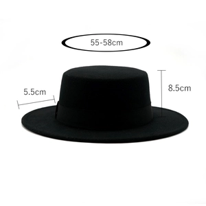 Vintage wool felt boater hat with black ribbon for men and women, classic flat top design