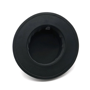 Black vintage felt boater hat with wide brim showing internal sizing label and sweatband