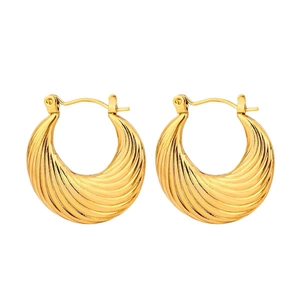 Gold plated stainless steel geometric earrings with spiraled texture in croissant hoop style