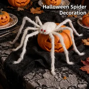 Macro detail of a large white furry spider with red eyes for Halloween party decoration