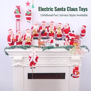 Collection of animated plush Santa toys playing instruments and climbing on a white mantle